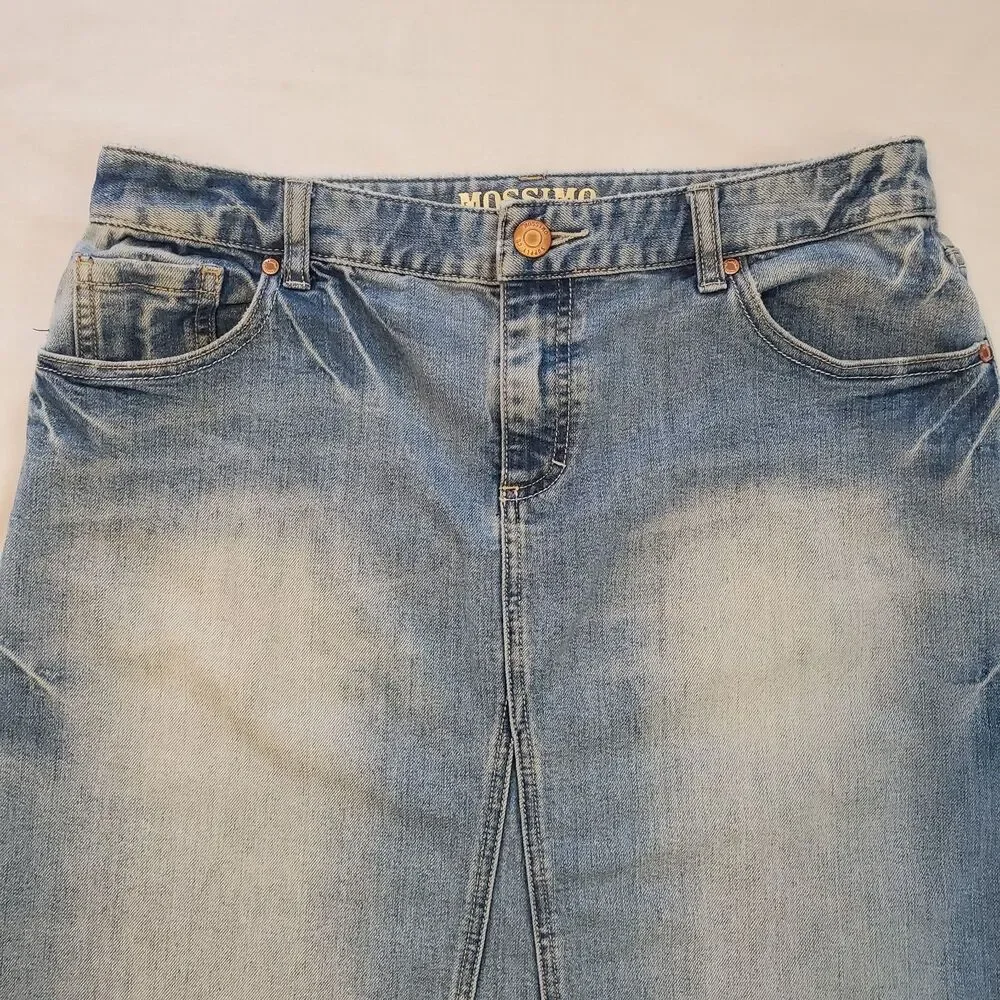 Vtg Mossimo Denim Knee Length Skirt Jean Boho Distressed Faded Hippie Western